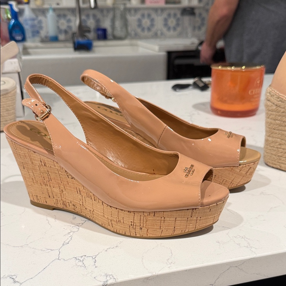 Coach Nude Patent Wedge Sandals